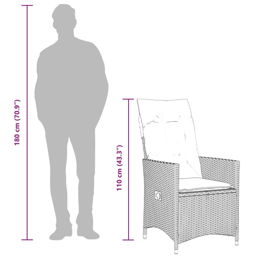 Justerbar trädgårdsstol med dynor svart konstrotting