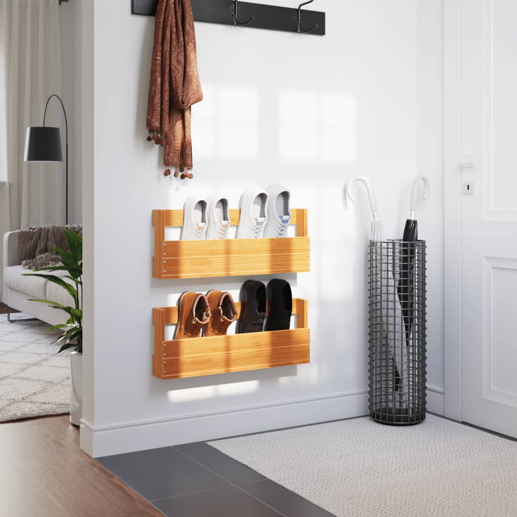 Väggmonterade skoställ 2 st vaxbrun 59x8,5x23,5 cm massivt furu