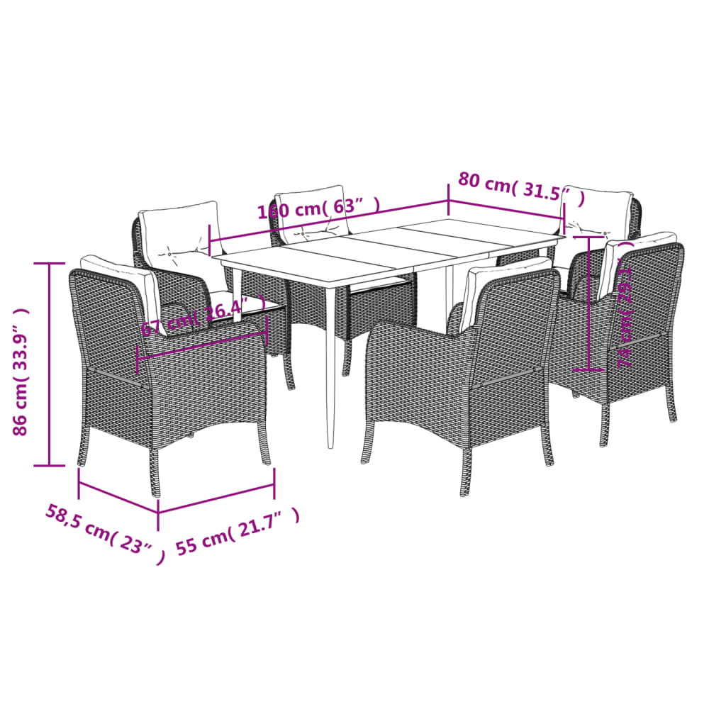 Matgrupp för trädgården med dynor 7 delar svart konstrotting