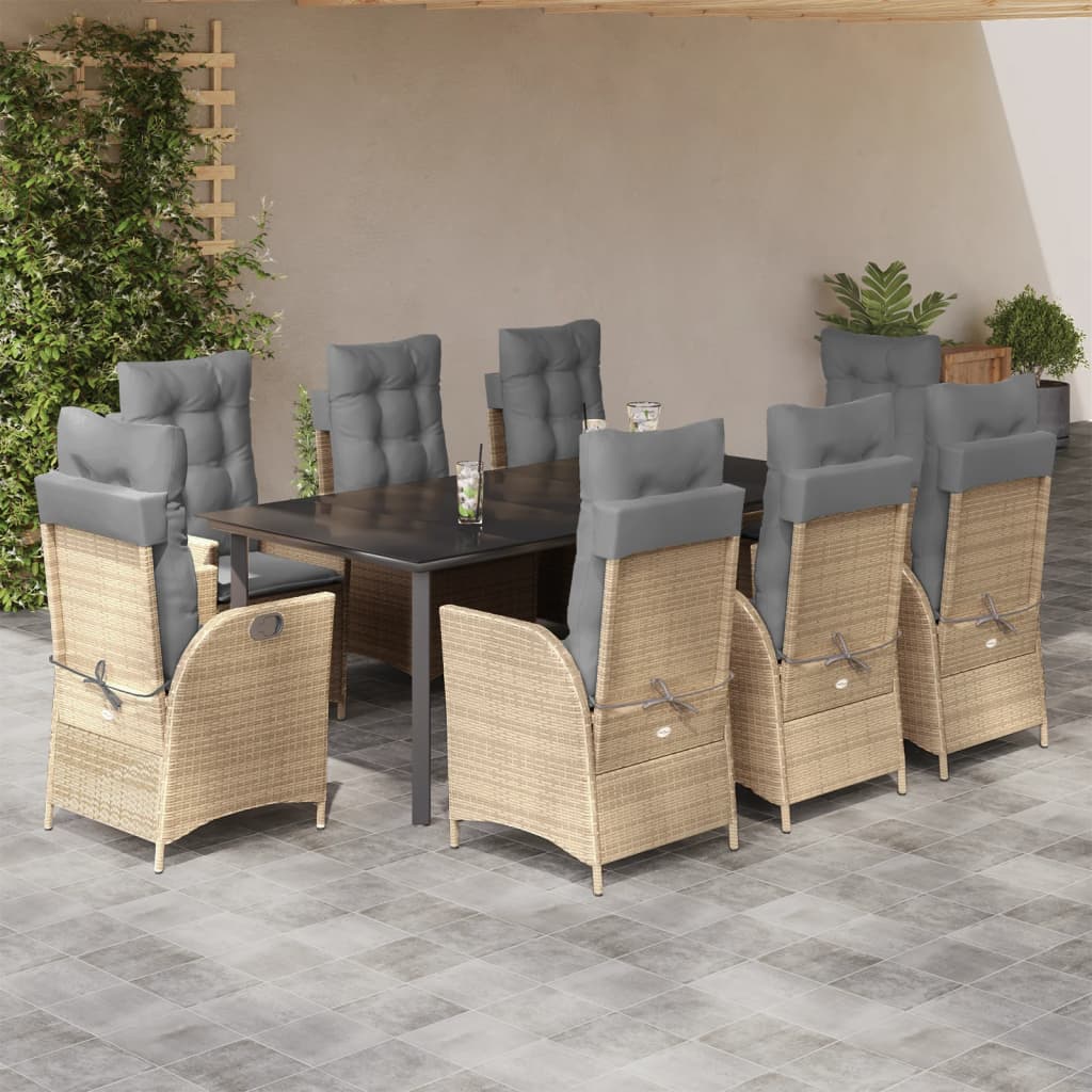Matgrupp för trädgården med dynor 9 delar beige konstrotting