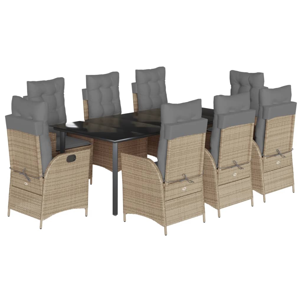 Matgrupp för trädgården med dynor 9 delar beige konstrotting
