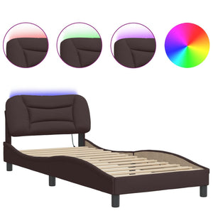 Bed Frame with LED without Mattress "Hvar" Dark Brown 90x190 cm Fabric