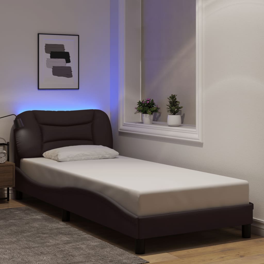 Bed Frame with LED without Mattress "Hvar" Dark Brown 90x190 cm Fabric