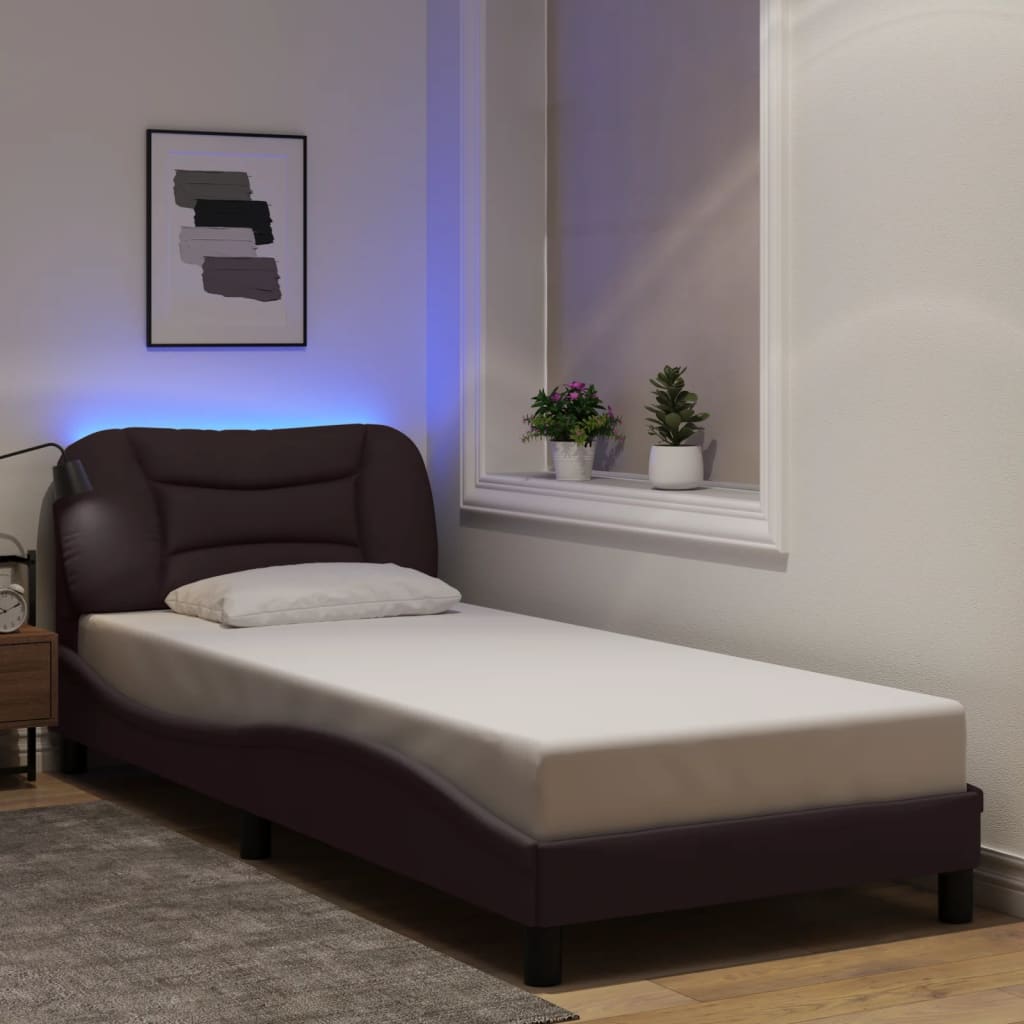 Bed Frame with LED without Mattress "Hvar" Dark Brown 90x200 cm Fabric