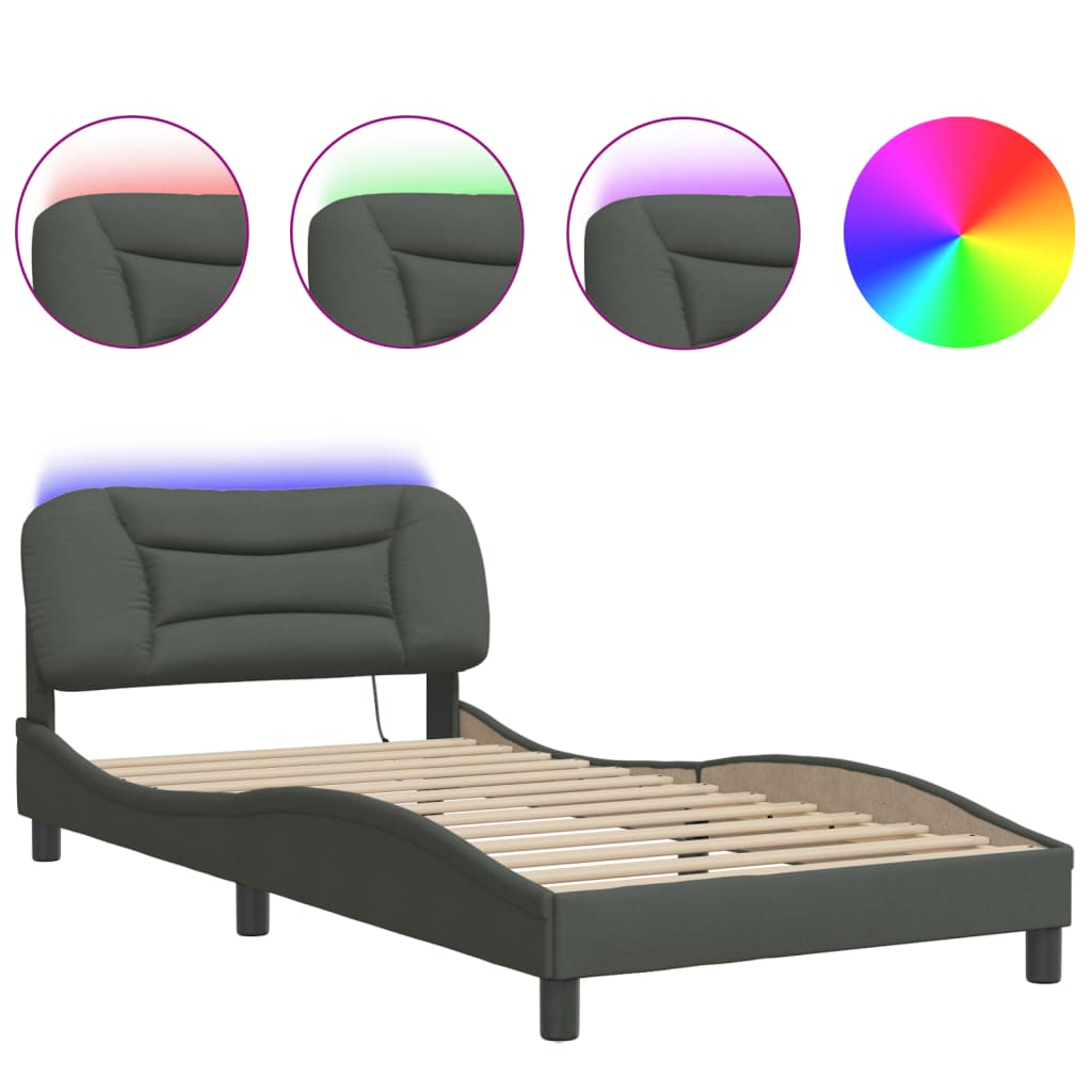 Bed Frame with LED without Mattress "Hvar" Dark Grey 100x200 cm Fabric