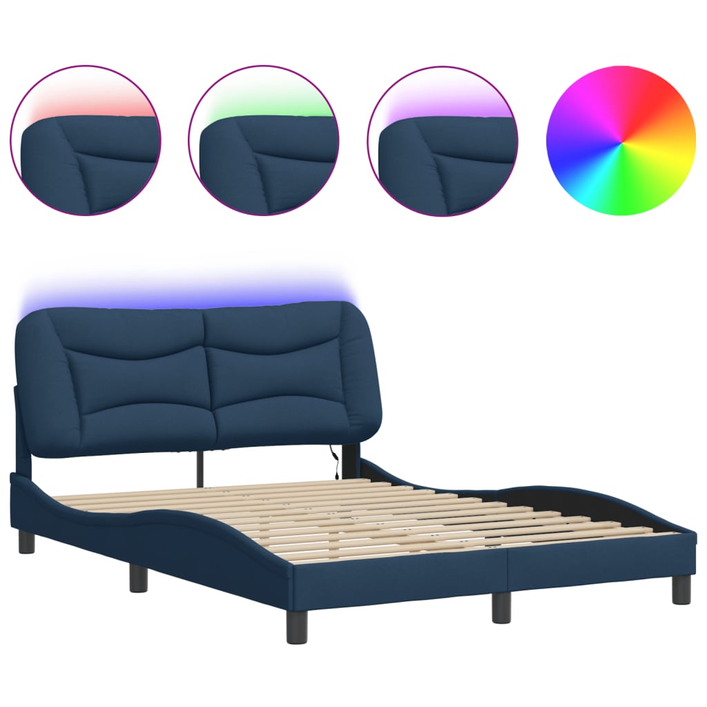 Bed Frame with LED without Mattress "Hvar" Blue 140x190 cm Fabric