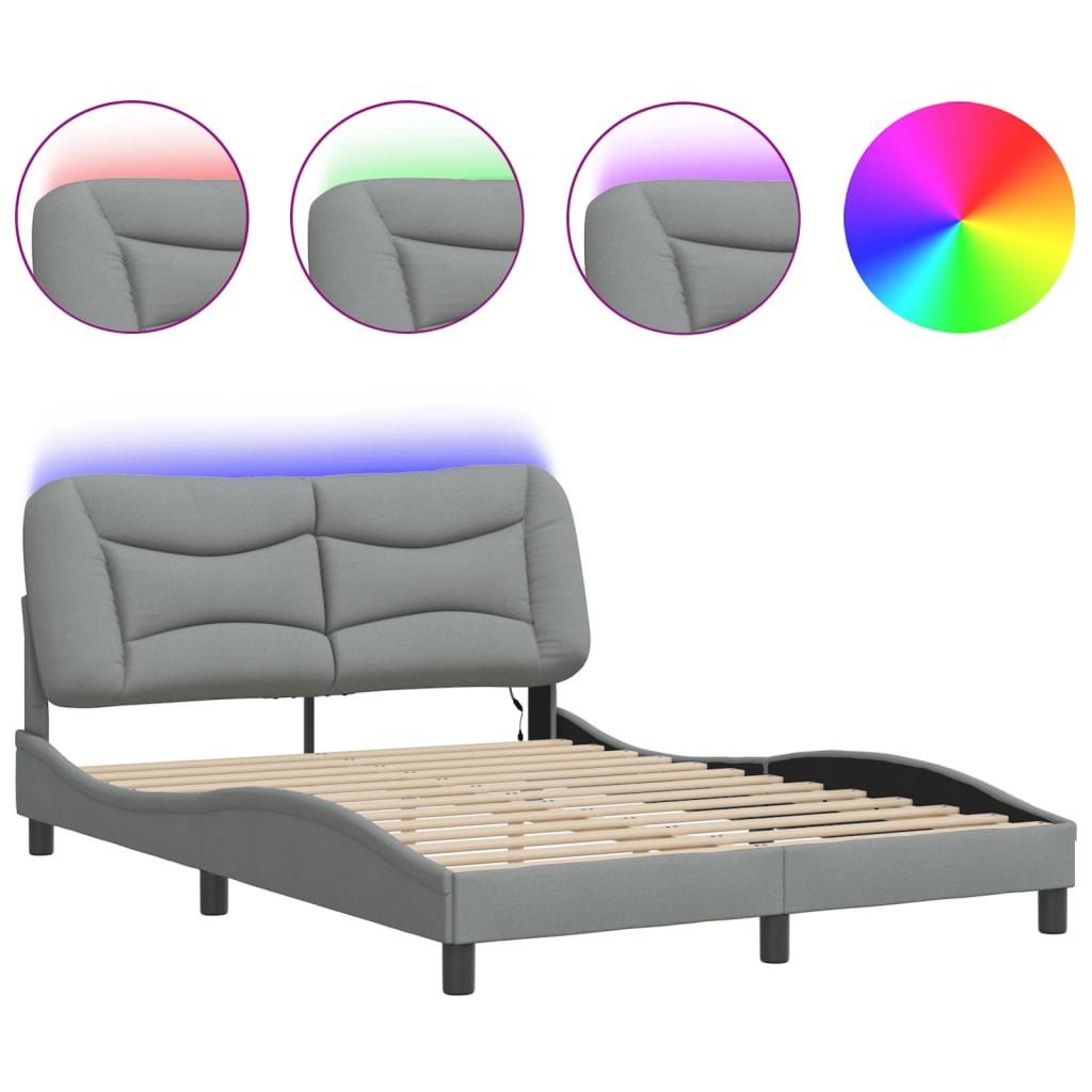 Bed Frame with LED without Mattress "Hvar" Light Grey 140x200 cm Fabric