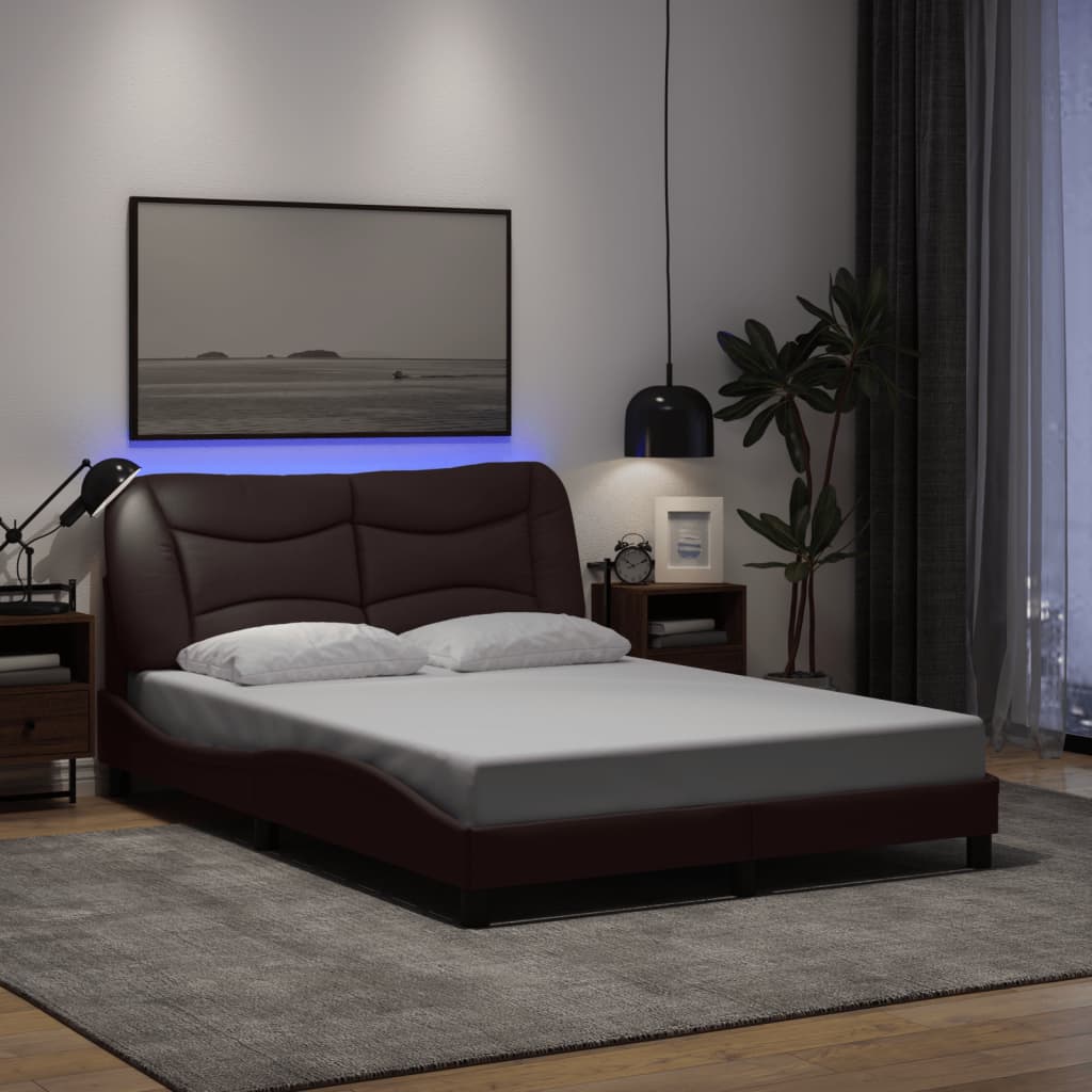Bed Frame with LED without Mattress "Hvar" Dark Brown 140x200 cm Fabric