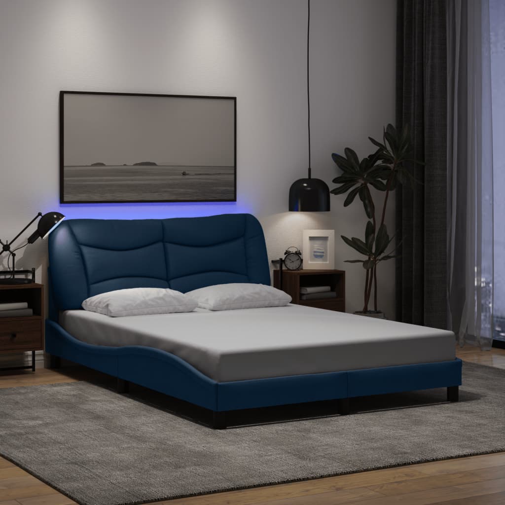 Bed Frame with LED without Mattress "Hvar" Blue 140x200 cm Fabric