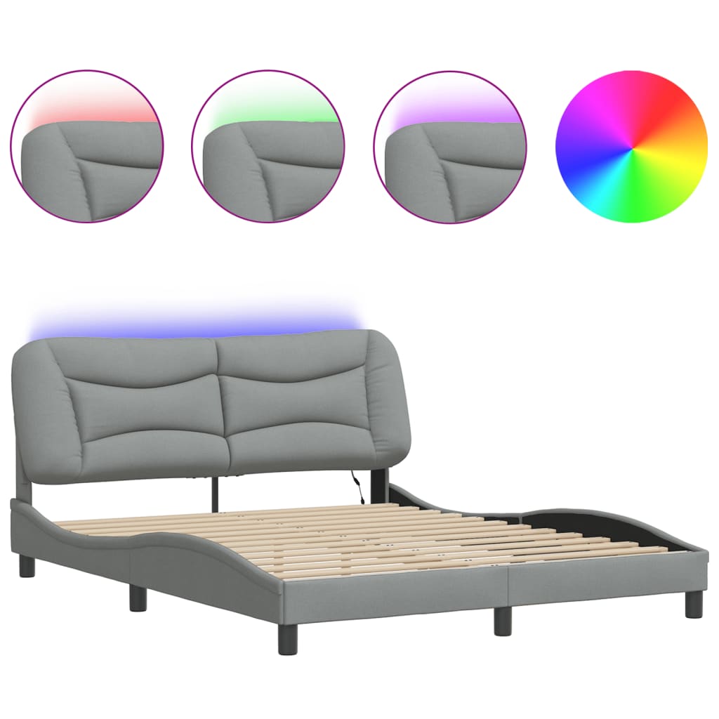 Bed Frame with LED without Mattress "Hvar" Light Grey 160x200 cm Fabric