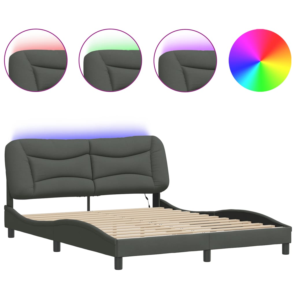 Bed Frame with LED without Mattress "Hvar" Dark Grey 160x200 cm Fabric