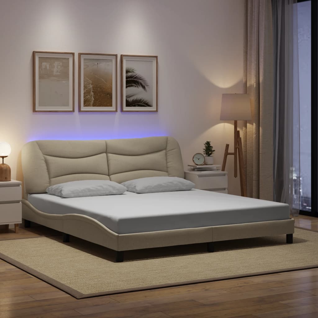 Bed Frame with LED without Mattress "Hvar" Cream 180x200 cm Fabric