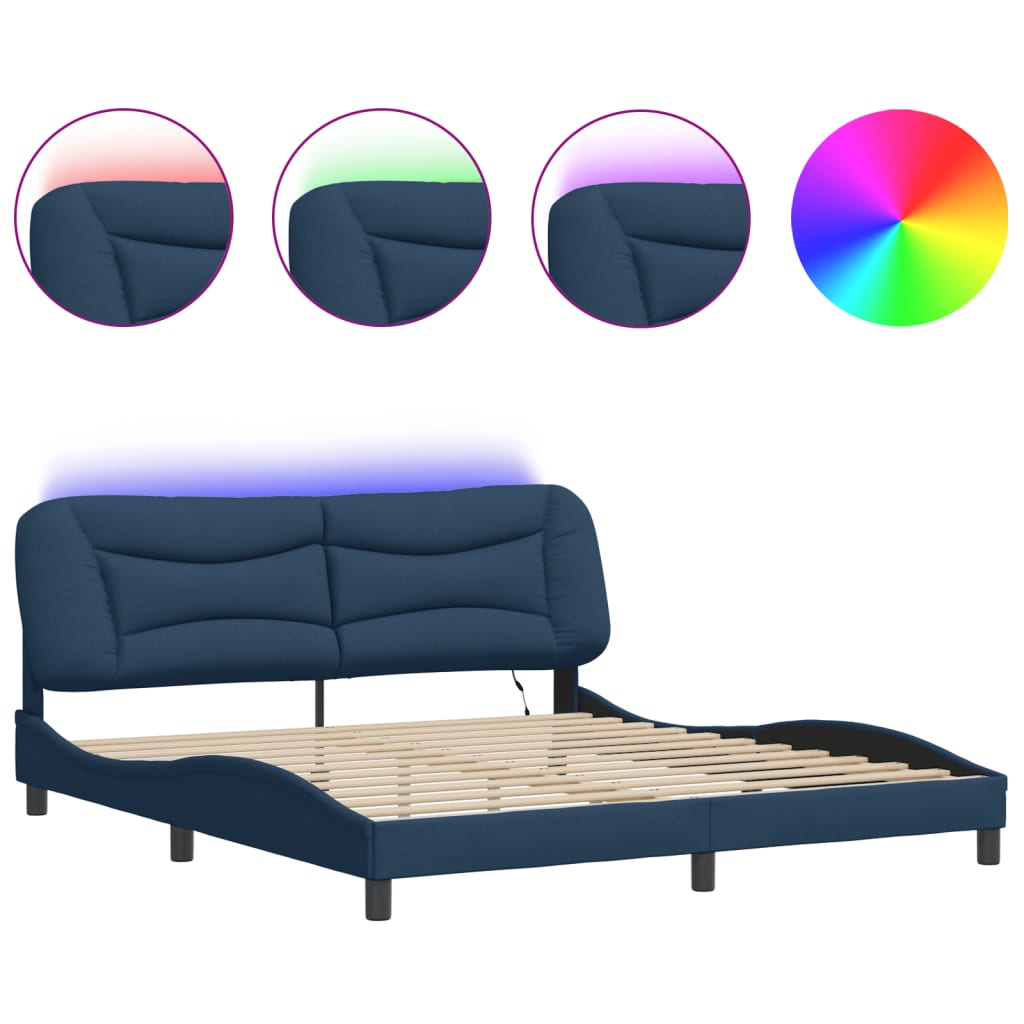 Bed Frame with LED without Mattress "Hvar" Blue 180x200 cm Fabric