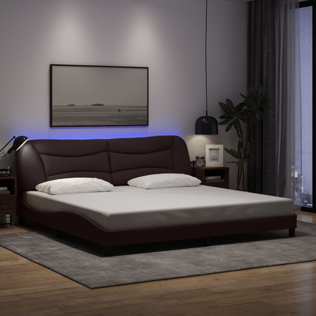 Bed Frame with LED without Mattress "Hvar" Dark Brown 200x200 cm Fabric