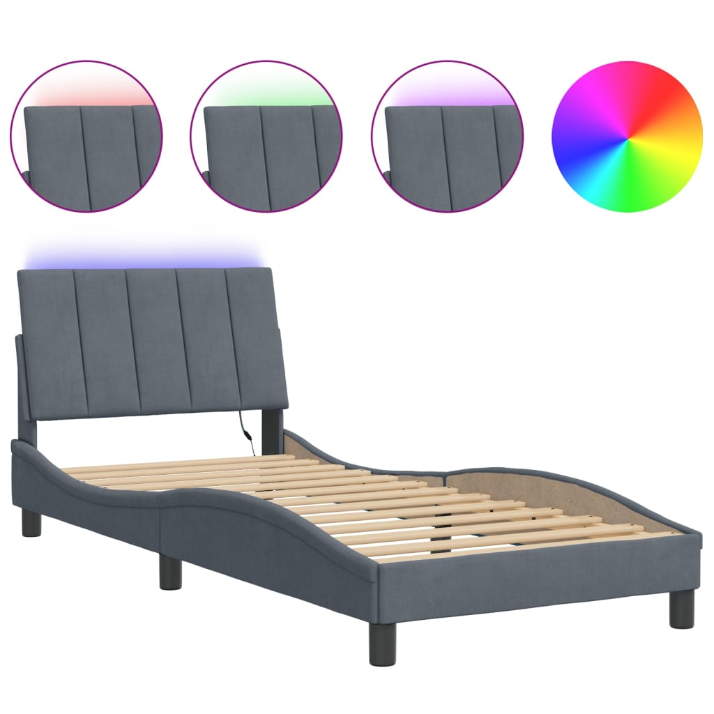 Bed Frame with LED without Mattress "Hanko" Dark Grey 90x200 cm Velvet