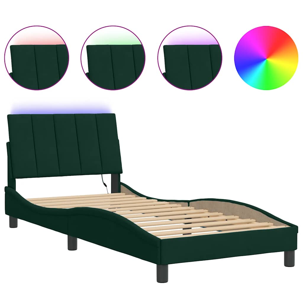 Bed Frame with LED without Mattress "Hanko" Dark Green 90x200 cm Velvet