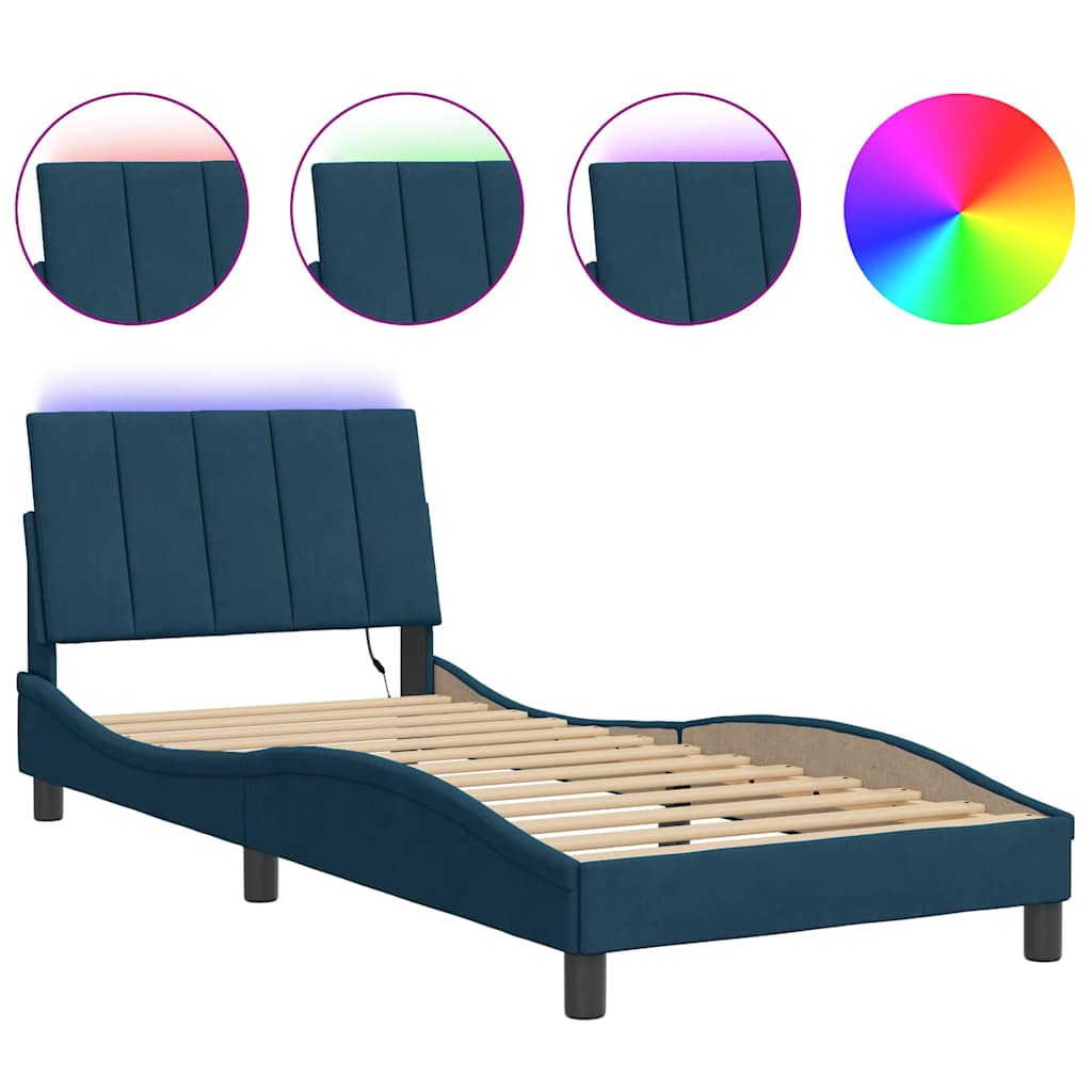 Bed Frame with LED without Mattress "Hanko" Blue 90x200 cm Velvet