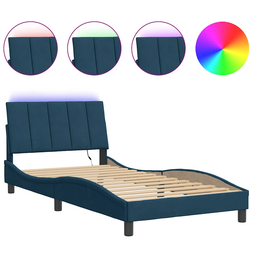 Bed Frame with LED without Mattress "Hanko" Blue 100x200 cm Velvet