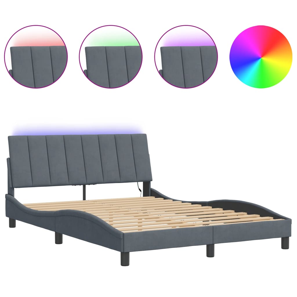 Bed Frame with LED without Mattress "Hanko" Dark Grey 140x190 cm Velvet