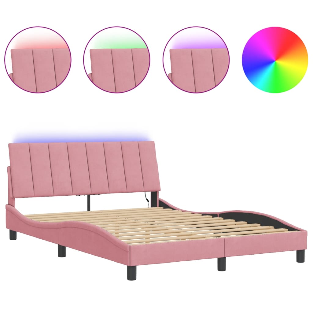 Bed Frame with LED without Mattress "Hanko" Pink 140x190 cm Velvet