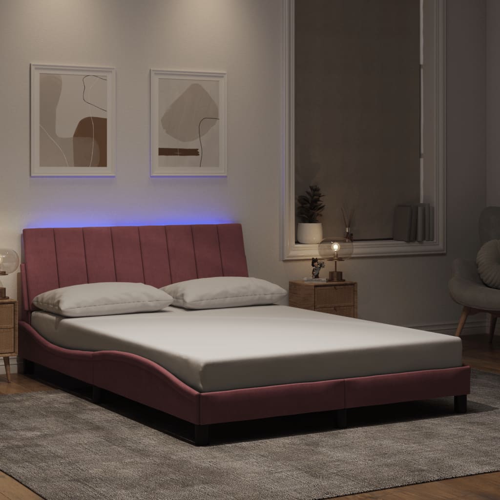Bed Frame with LED without Mattress "Hanko" Pink 140x200 cm Velvet