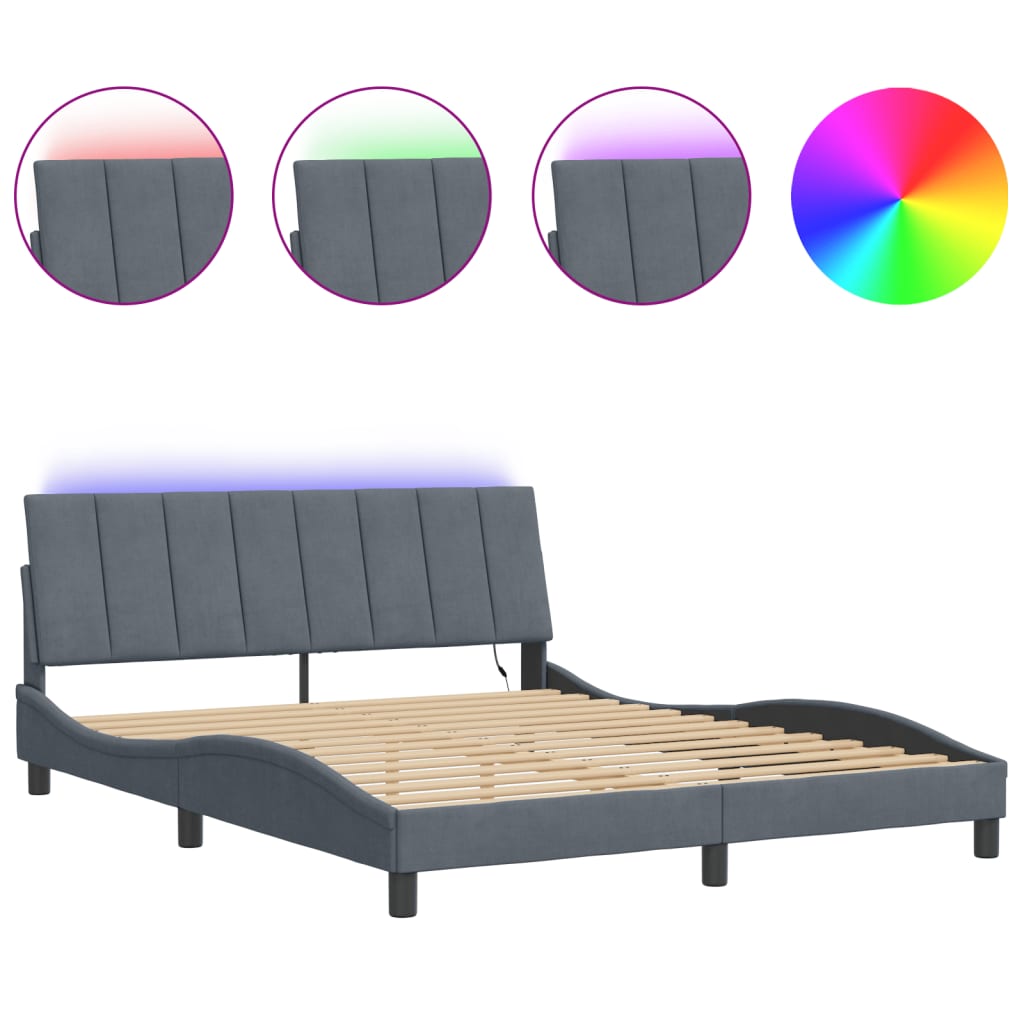 Bed Frame with LED without Mattress "Hanko" Dark Grey 160x200 cm Velvet