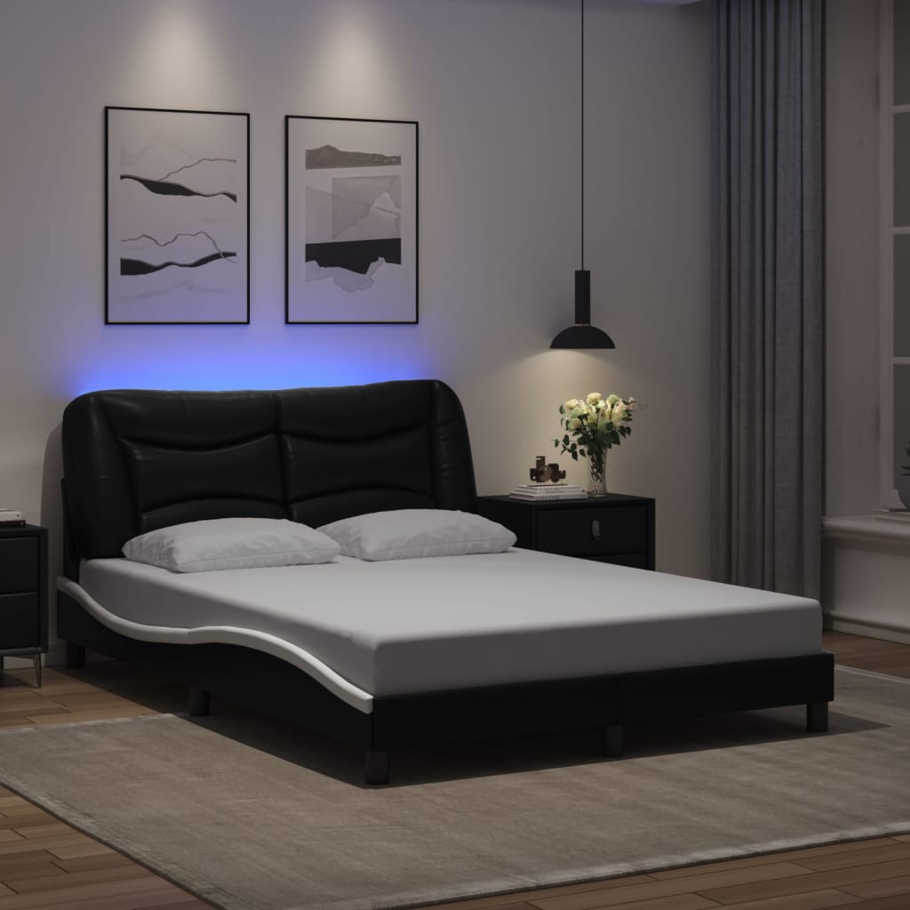 Bed Frame with LED without Mattress "Hvar" Black and White 140x190 cm