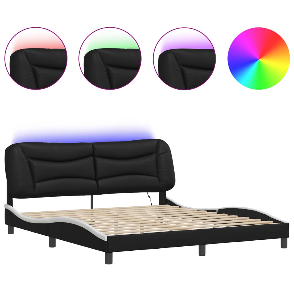 Bed Frame with LED without Mattress "Hvar" Black and White 180x200 cm