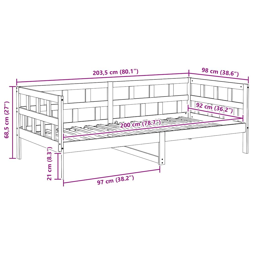 Dagbädd utan madrass vaxad brun 90x200 cm massiv furu