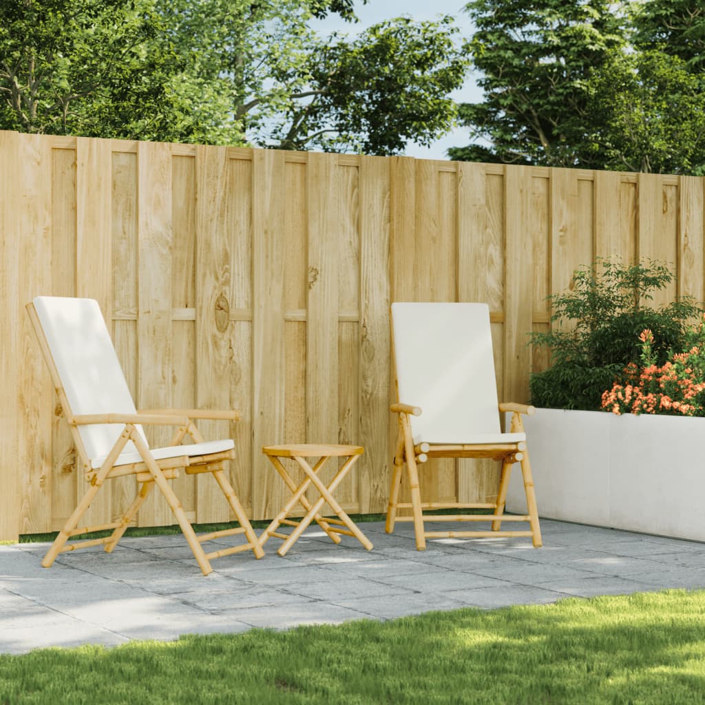 Caféset för trädgården med gräddvita dynor 3 delar bambu