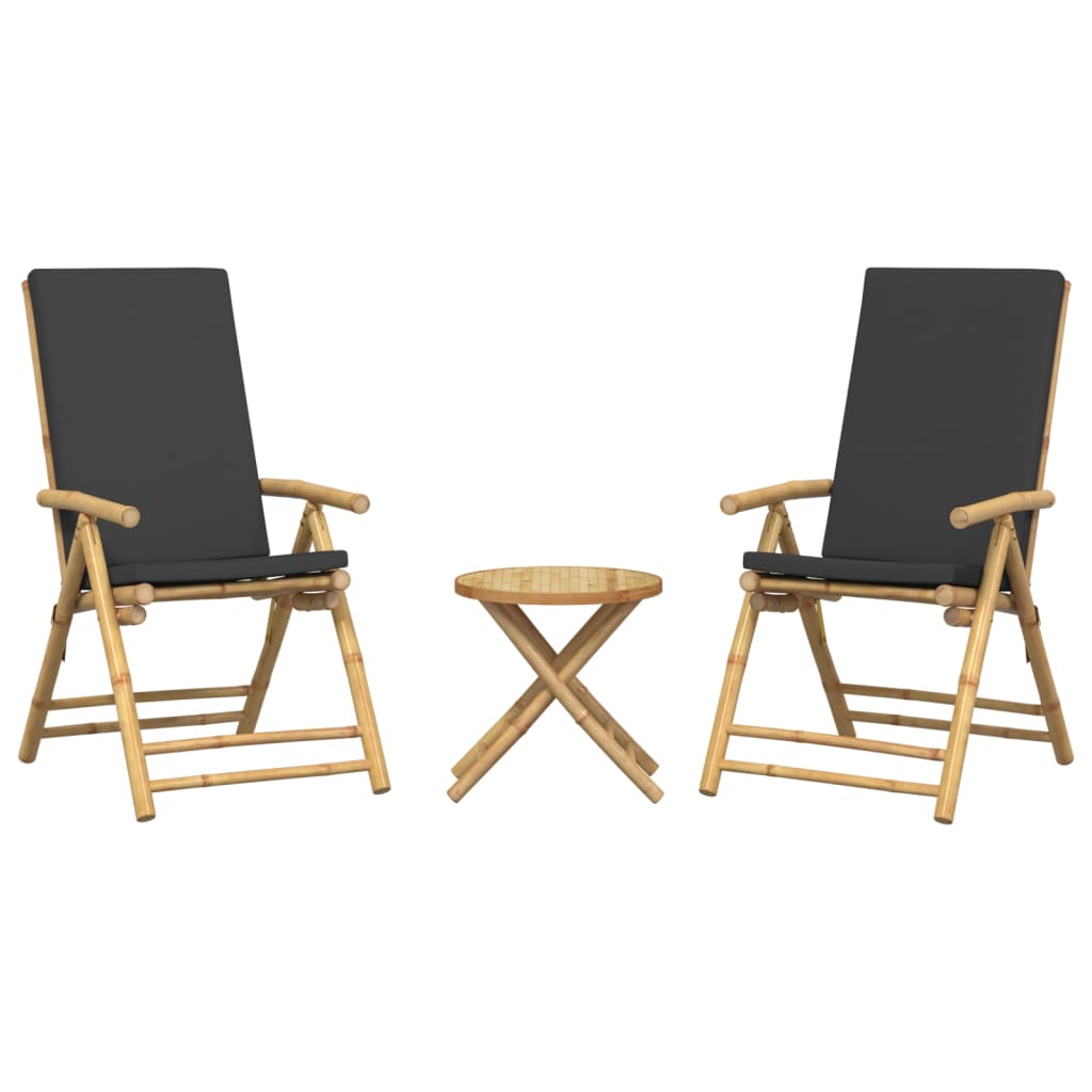 Caféstolar hopfällbara med mörkgrå kuddar 3 st bambu