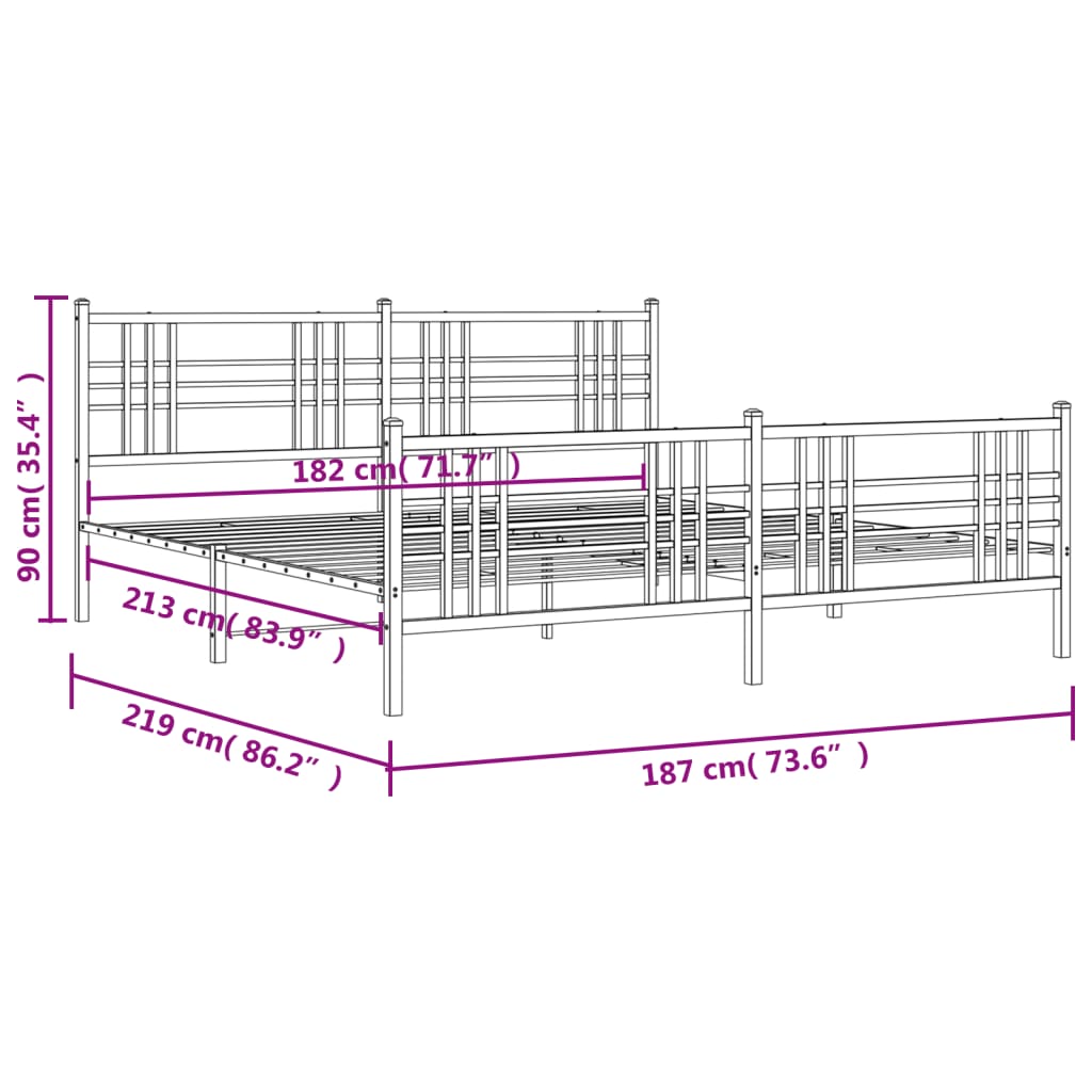 Sängram med huvudgavel och fotgavel svart metall 183x213 cm