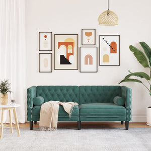 Chesterfieldsoffa med bolsterkuddar 2-sits mörkgrön sammet