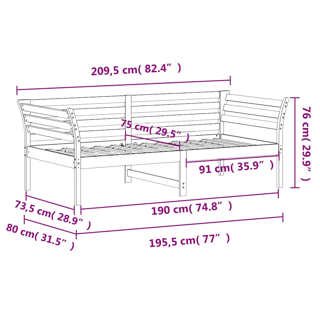Dagbädd utan madrass vit 75x190 cm massiv trä furu