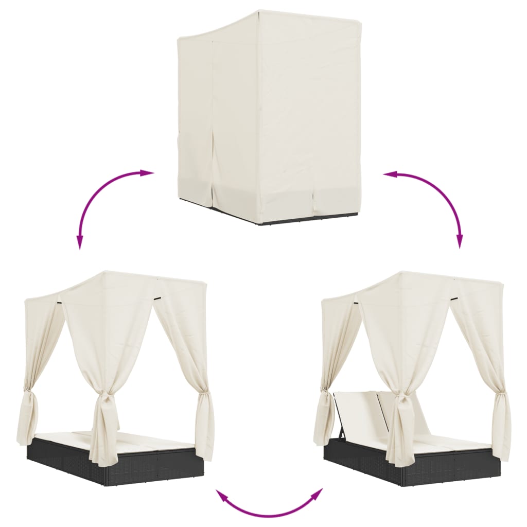 Dubbel solsäng med tak och dynor svart konstrotting