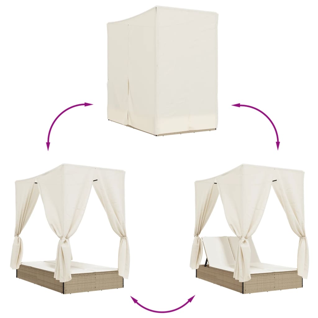 Dubbel solsäng med tak och dynor beige konstrotting