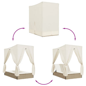 Dubbel solsäng med tak och dynor beige konstrotting