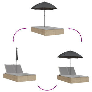 Dubbel solsäng med dynor och parasoll beige konstrotting