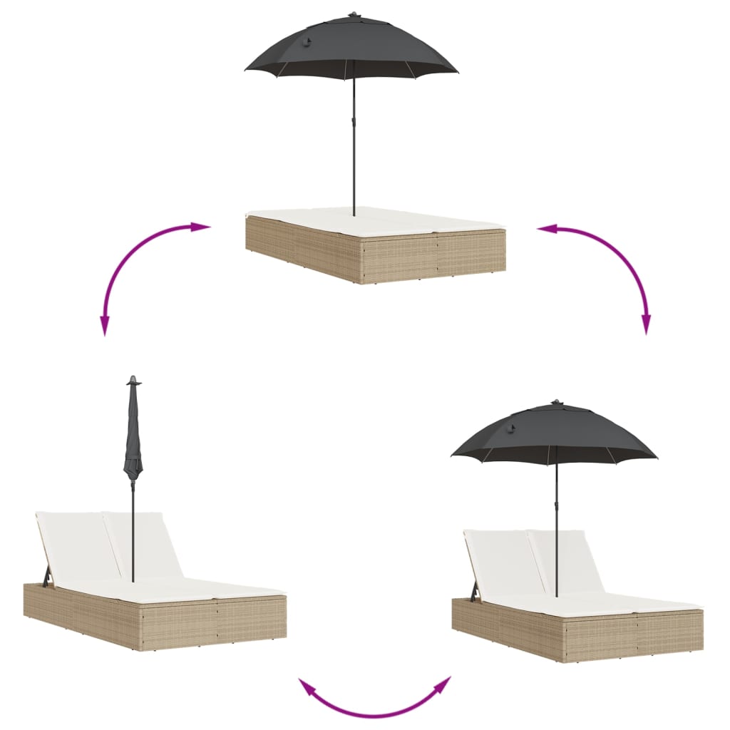 Dubbel solsäng med dynor och parasoll beige konstrotting