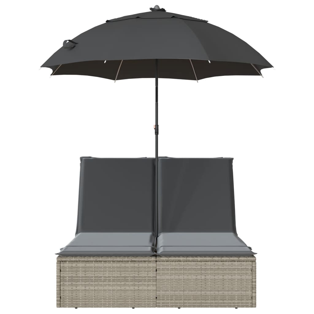 Dubbel solsäng med dynor och parasoll ljusgrå konstrotting