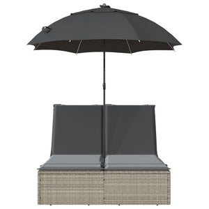 Dubbel solsäng med dynor och parasoll ljusgrå konstrotting