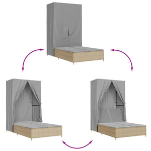 Dubbel solsäng med tak och dynor beige konstrotting