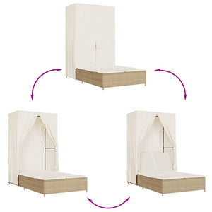 Dubbel solsäng med tak och dynor beige konstrotting
