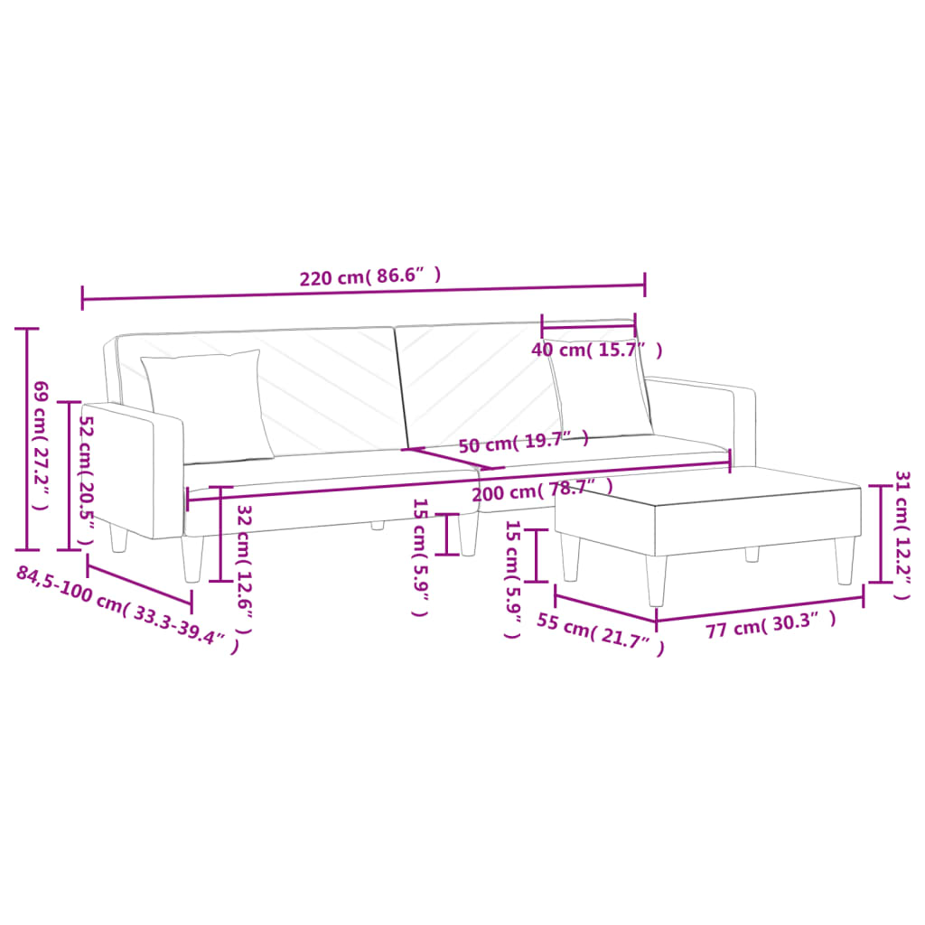 Bäddsoffa 2-sits med kuddar och fotpall ljusgrå tyg