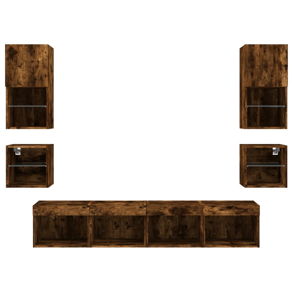 Tv-bänk 8 delar LED rökfärgad ek konstruerat trä