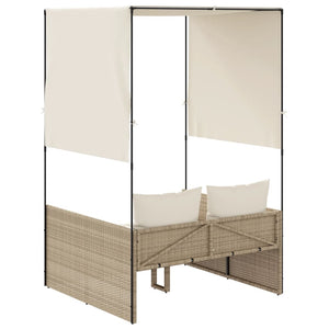 Dubbel solsäng med tak och dynor beige konstrotting