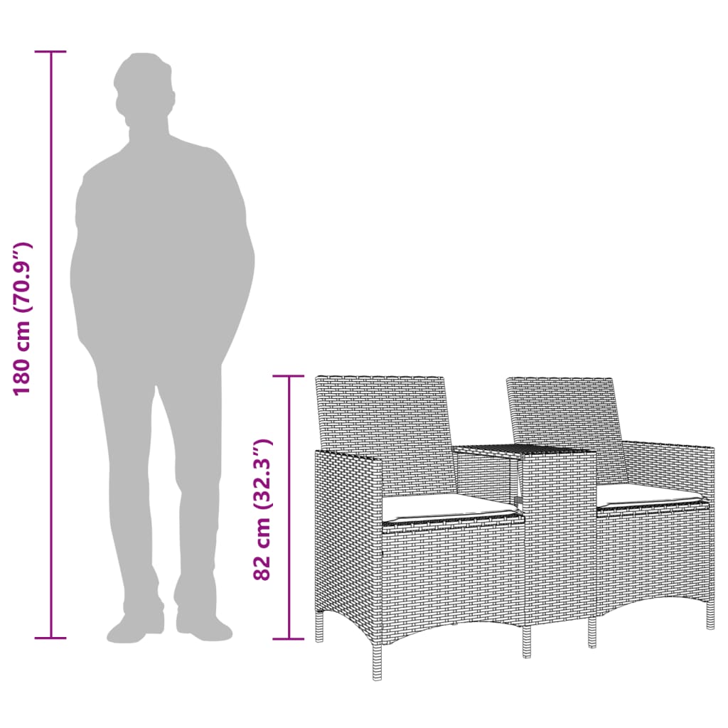 Trädgårdssoffa 2-sits med bord och dynor konstrotting ljusgrå