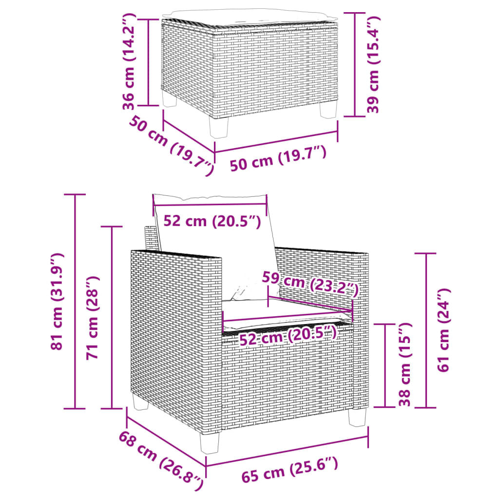 Bistrogrupp med dynor 3 delar beige konstrotting