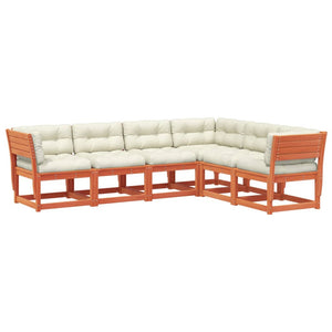 Soffgrupp för trädgården med dynor 6 delar vaxbrun massiv furu