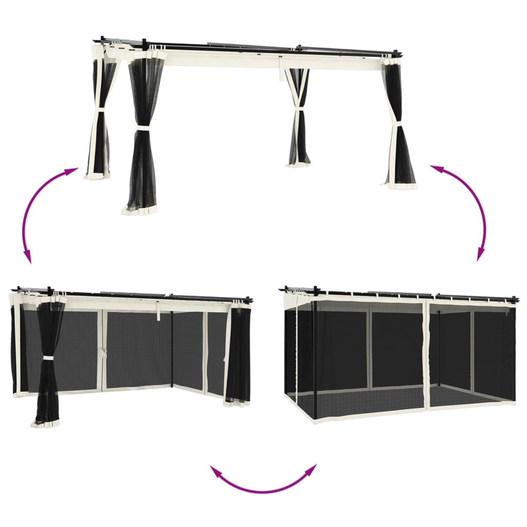 Paviljong med nätväggar gräddvit 4x3 m stål